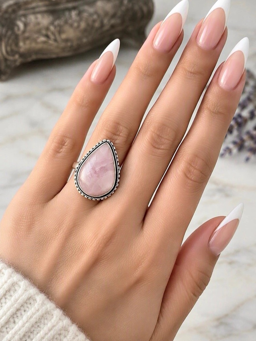925 Sterling Silver Kunzite Teardrop Ring, Boho Statement Ring, Size 9